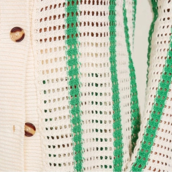 Women's Ivory Green Stripe Crochet Button-Down Sweater - NWOT - Picture 2 of 9